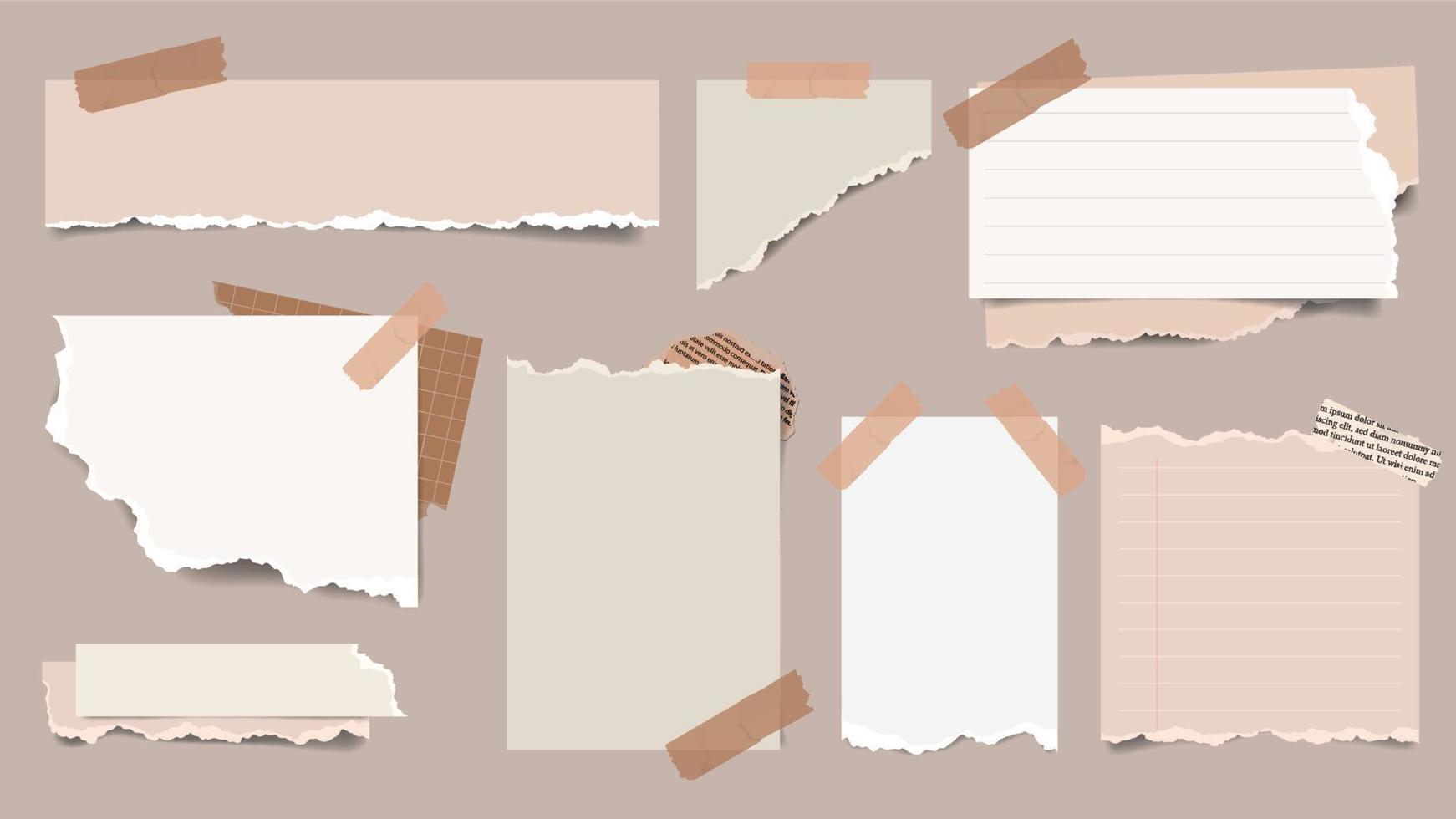 realistische collectie bruin gescheurde gescheurde vellen papier met washi-tape. vector