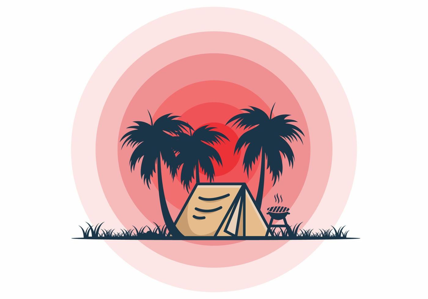 kleurrijke kampeertent en kokospalmenillustratie vector