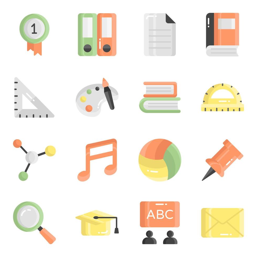 platte vector iconen set, in plat ontwerp onderwijs, school, verzameling van moderne pictogrammen en universiteit met elementen voor mobiele concepten en web apps.
