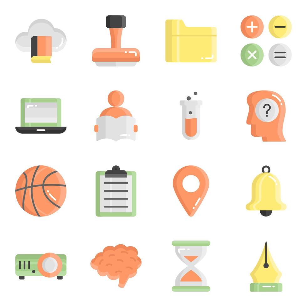 platte vector iconen set, in plat ontwerp onderwijs, school, verzameling van moderne pictogrammen en universiteit met elementen voor mobiele concepten en web apps.