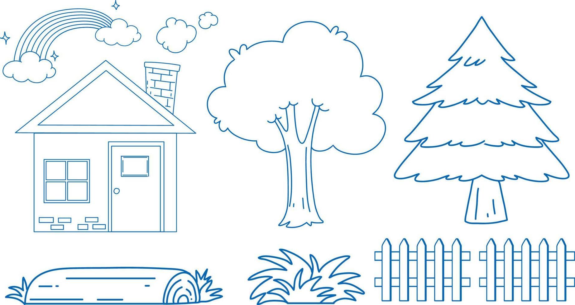 schetsset met huis en bomen vector