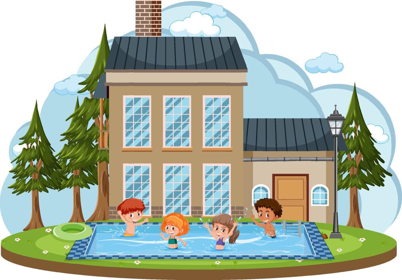 voor huis met kinderen zwemmen in het zwembad vector