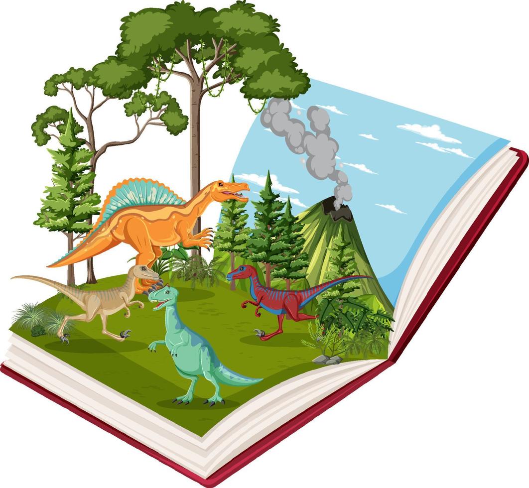 boek met scène van dinosaurussen in bos vector