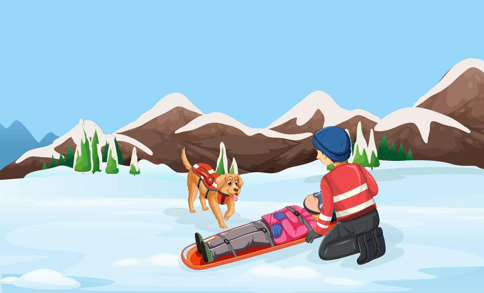 sneeuwscène met brandweermanredding in cartoonstijl vector