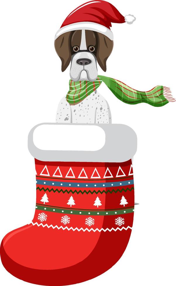 schattige hond in kerstsok in cartoonstijl vector