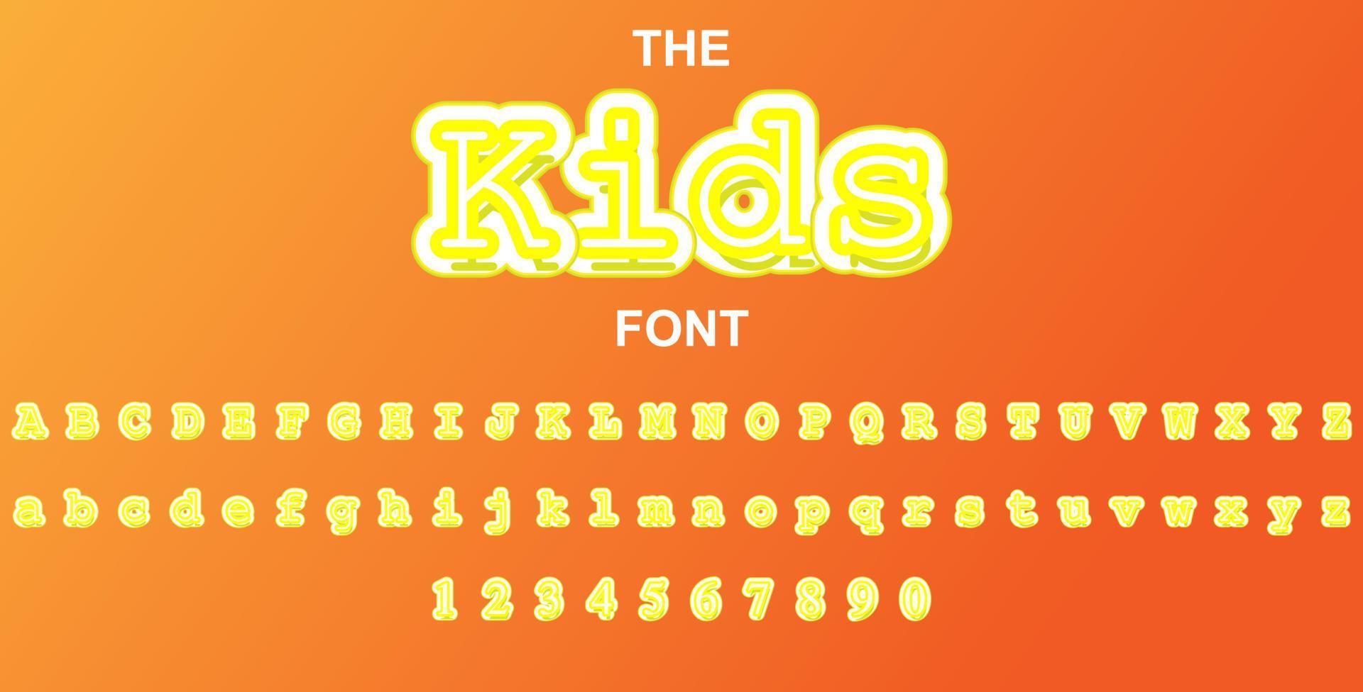 kinderen lettertype en alfabet met cijfers. vector typografie brief ontwerp.