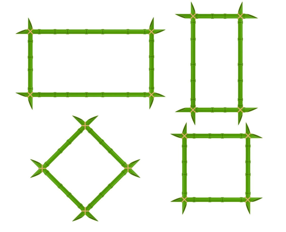 set groene bamboe frames van verschillende vormen met touwen en plaats voor tekst. decoratie houten uithangbord vector vlakke afbeelding ontwerp