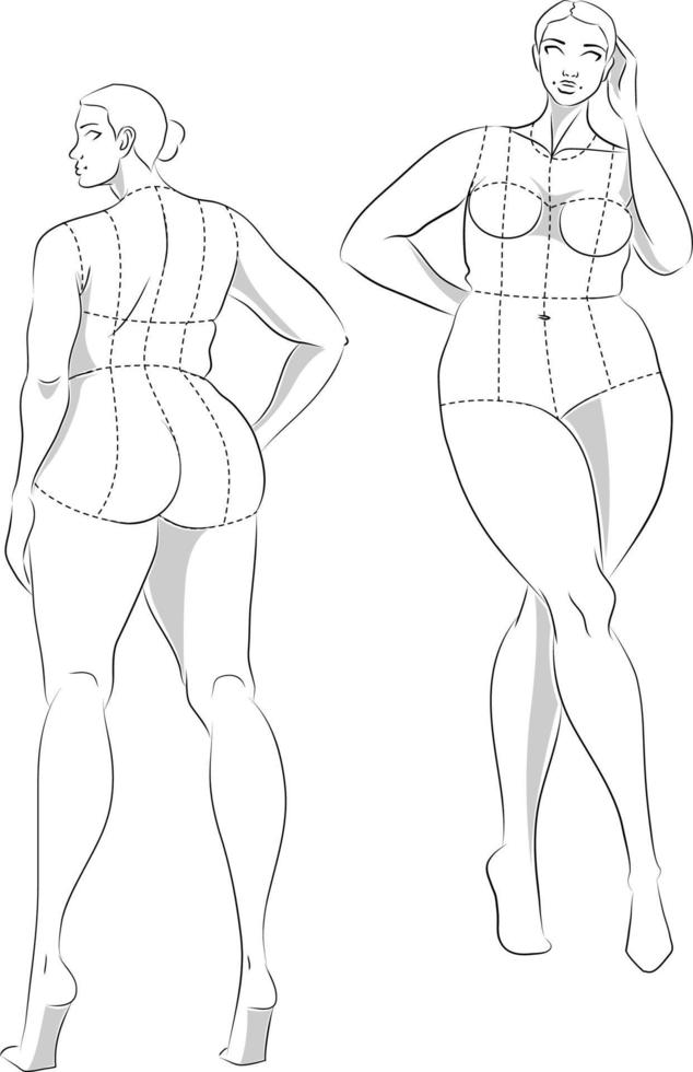 plus size 10 hoofden mode figuur sjablonen. overdreven croquis voor modeontwerp en illustratie. vector illustratie