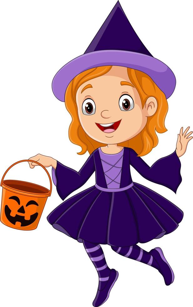 cartoon meisje dat halloween heksenkostuum draagt met pompoenemmer vector