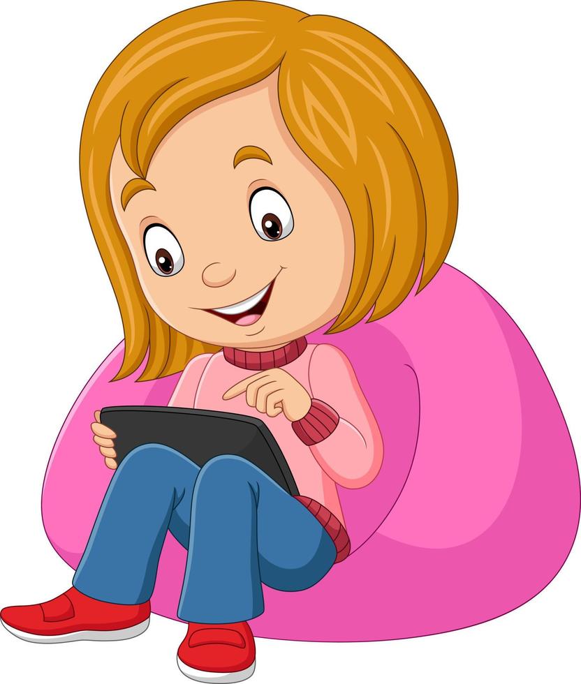 cartoon gelukkig klein meisje met behulp van tablet op de bank vector