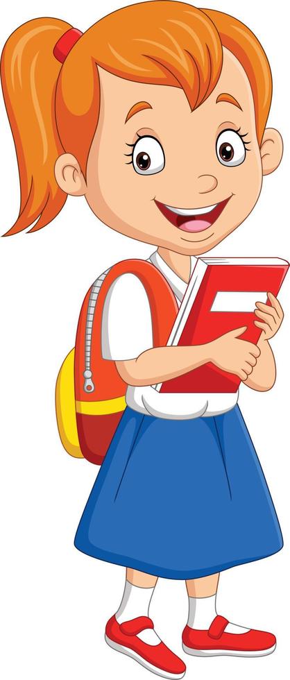 cartoon schoolmeisje in uniform met boek en rugzak vector