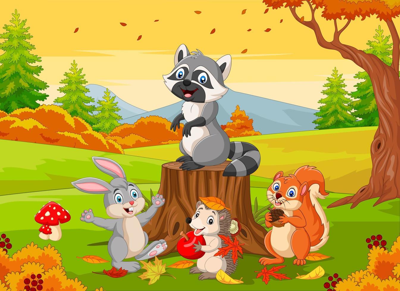 tekenfilm wilde dieren in het herfstbos vector