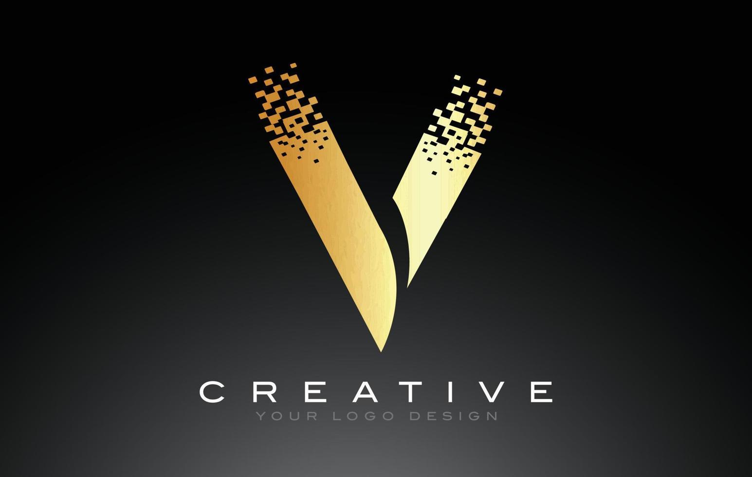 v eerste letter logo-ontwerp met digitale pixels in gouden kleuren. vector