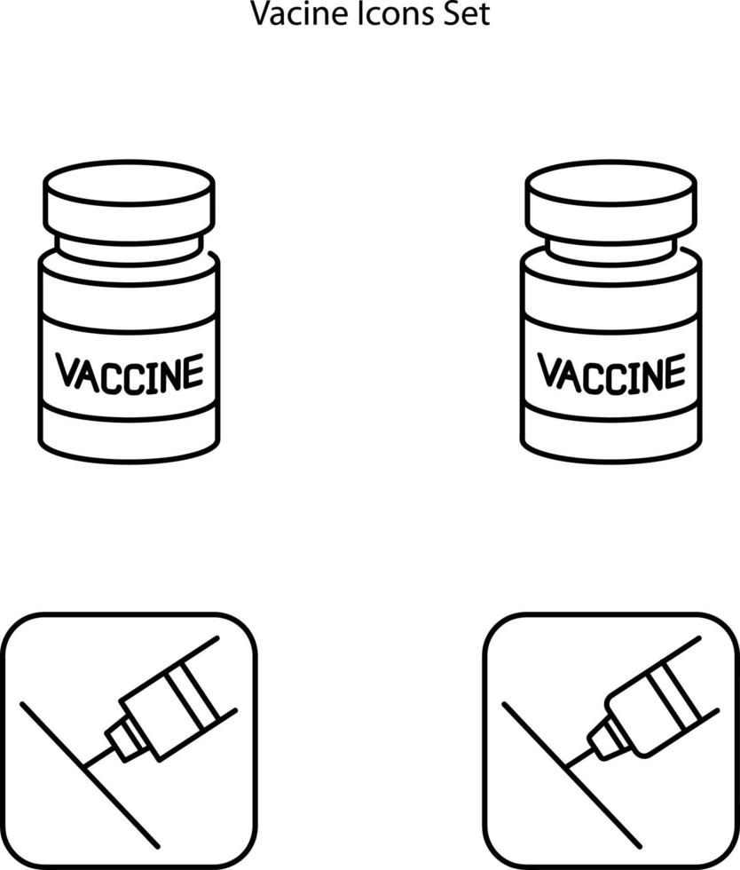 vaccin en vaccinatie pictogrammen instellen. verzameling van eenvoudige lineaire webpictogrammen, vaccin tegen virus, vaccinpictogrammen op witte achtergrond. vector