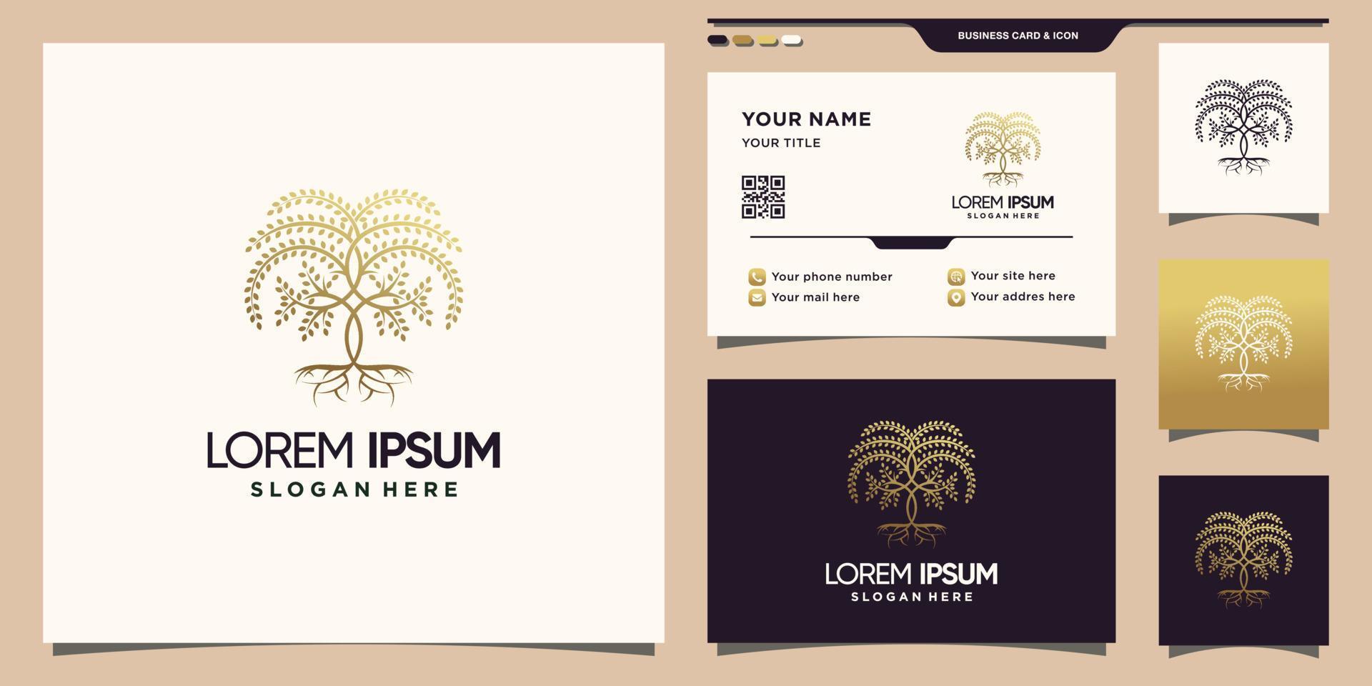 creatief boomlogo met gouden lineaire stijlkleur en visitekaartjeontwerp premium vector