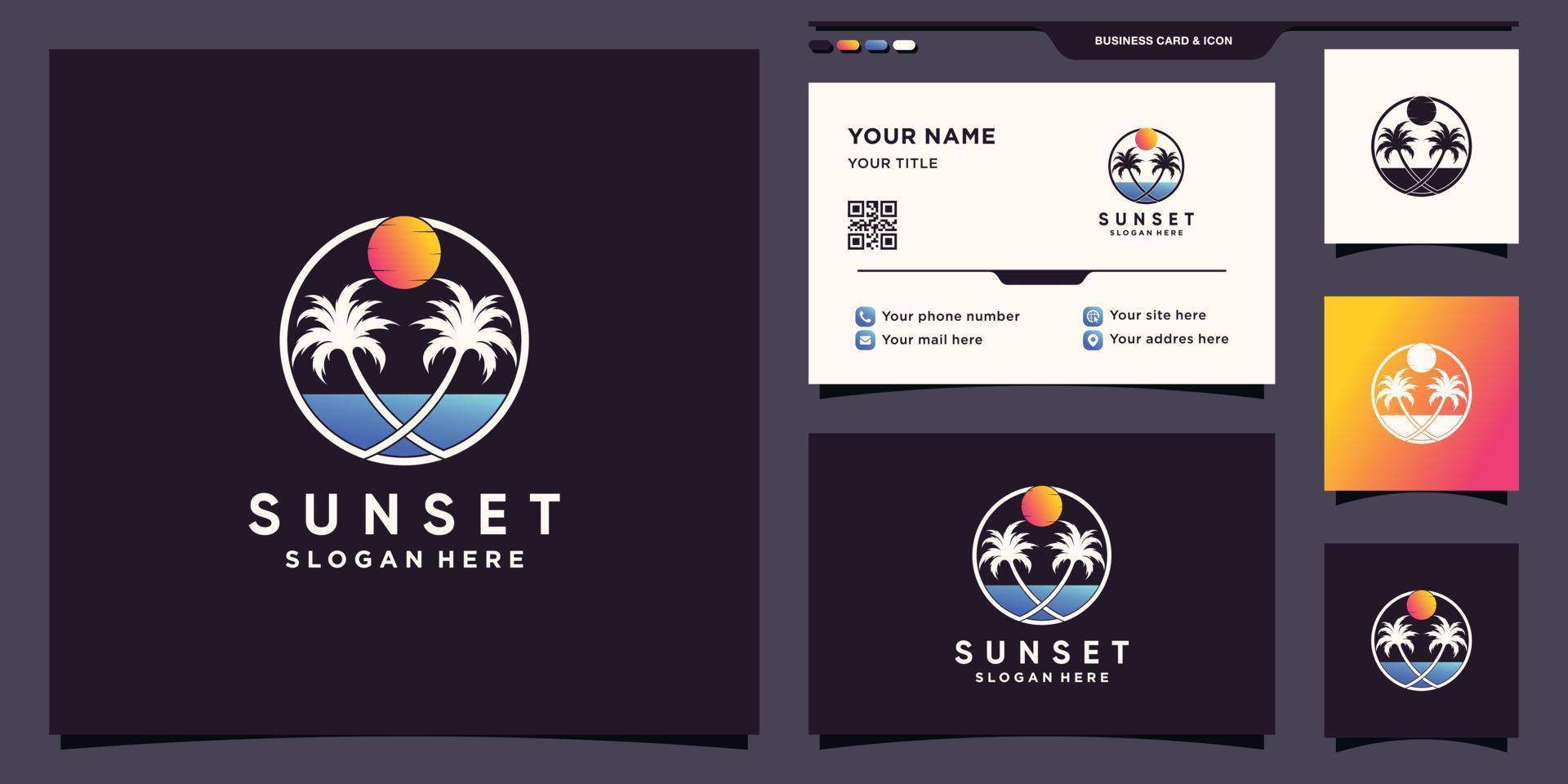 zonsondergang strand logo met palmboom cirkel concept en visitekaartje ontwerp premium vector