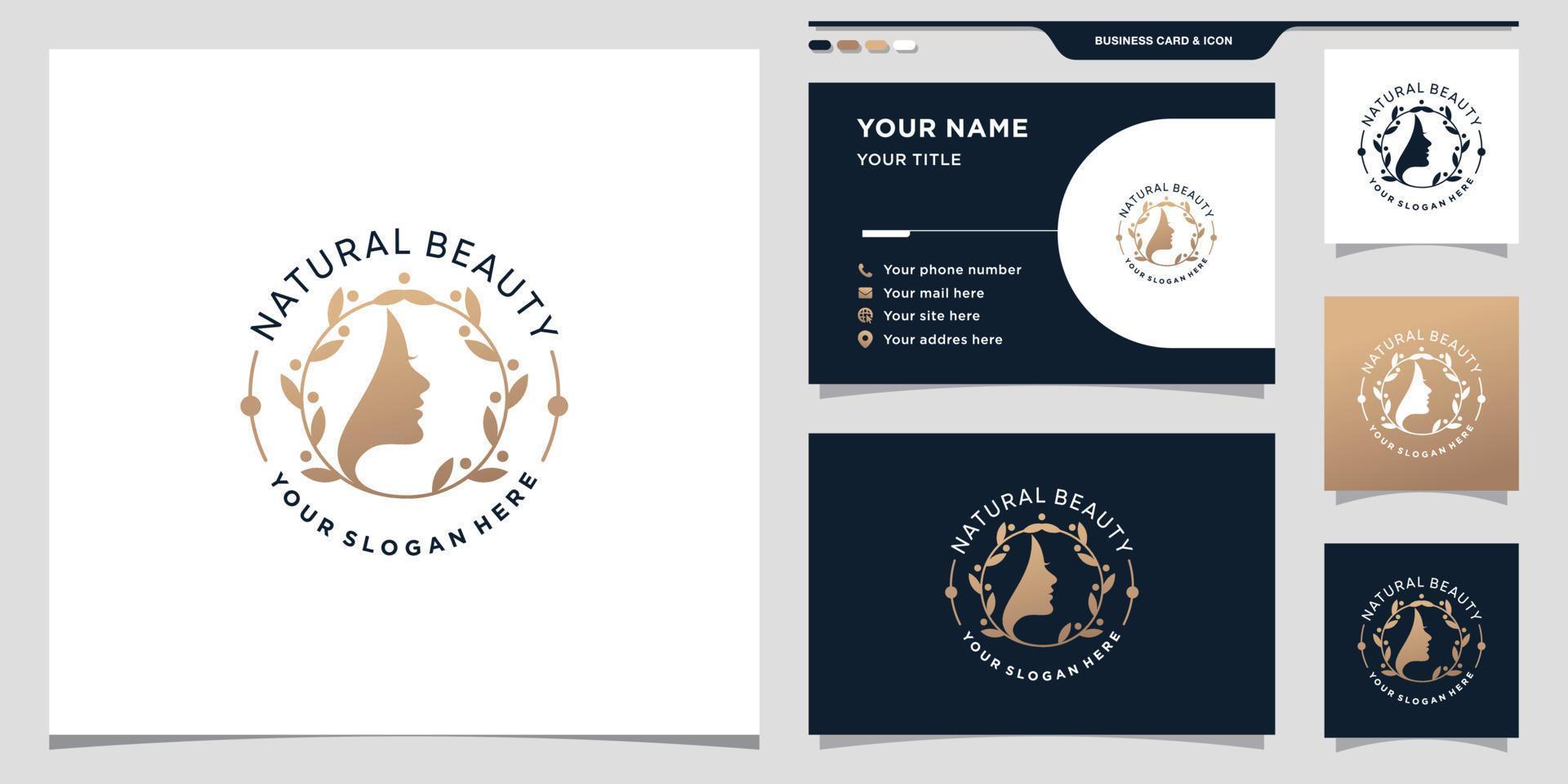 elegante natuurlijke schoonheid vrouw gezicht logo met creatief modern concept en visitekaartje premium vector