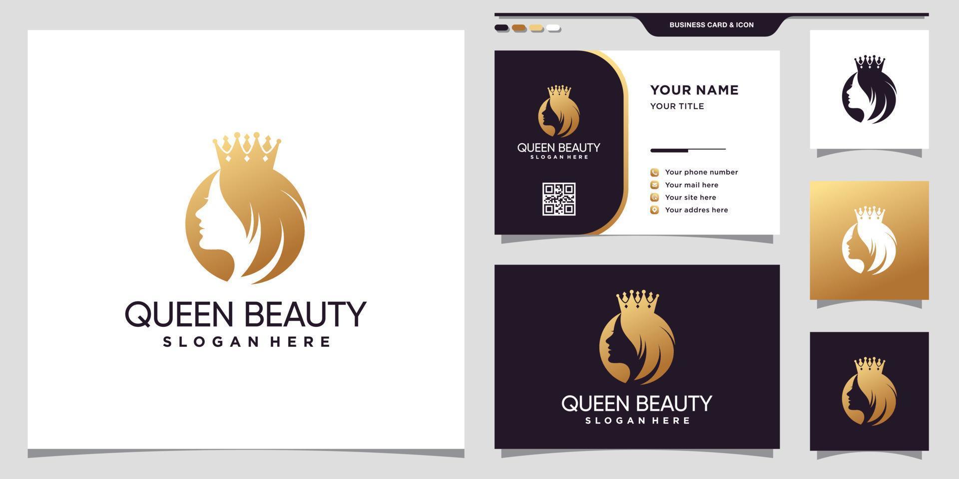 elegant koningin schoonheidslogo met gouden kleurverloopstijl en visitekaartjeontwerp premium vector