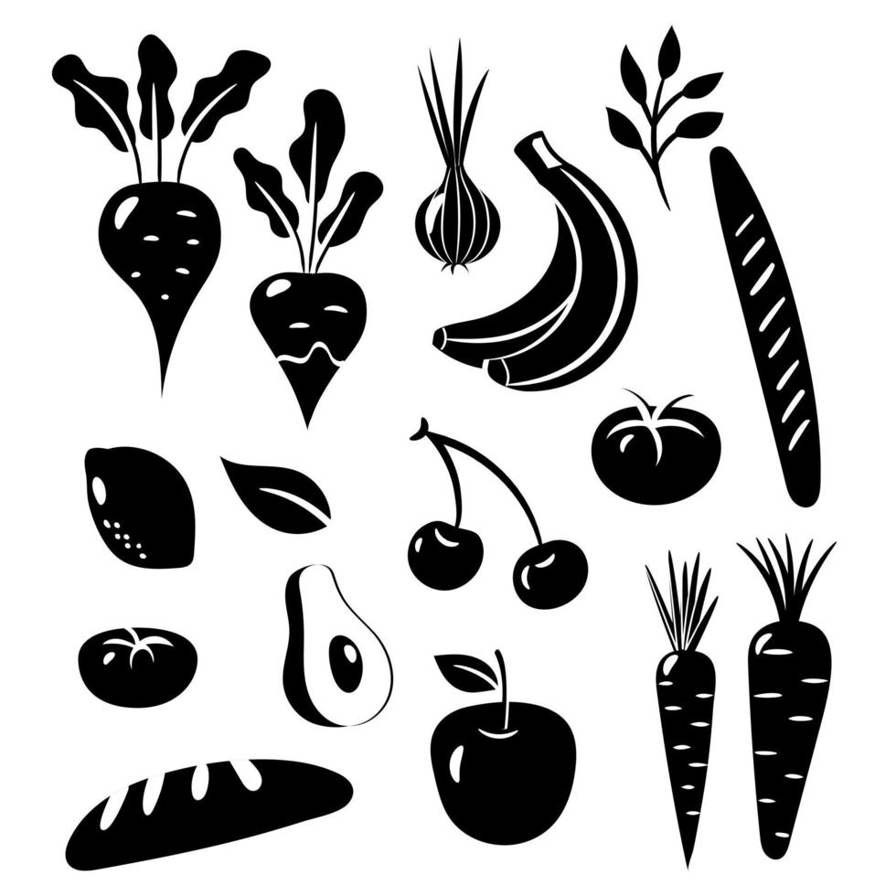 set van verse gezonde groenten, fruit en kruidenierswinkel zwart silhouet vector