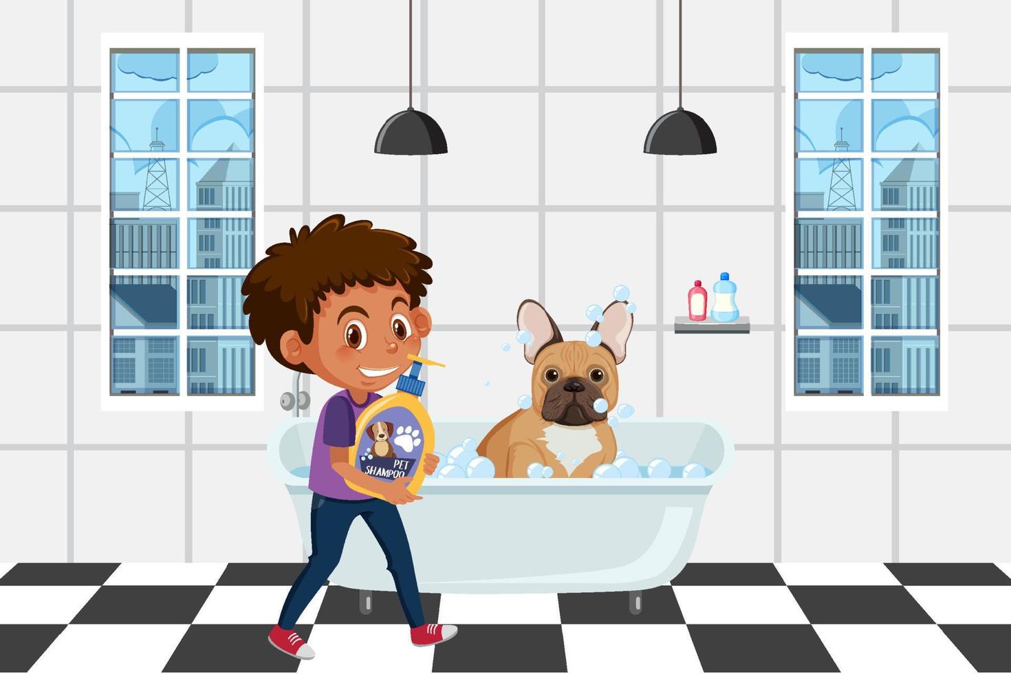 een jongen die zijn franse bulldog in de badkamer wast vector