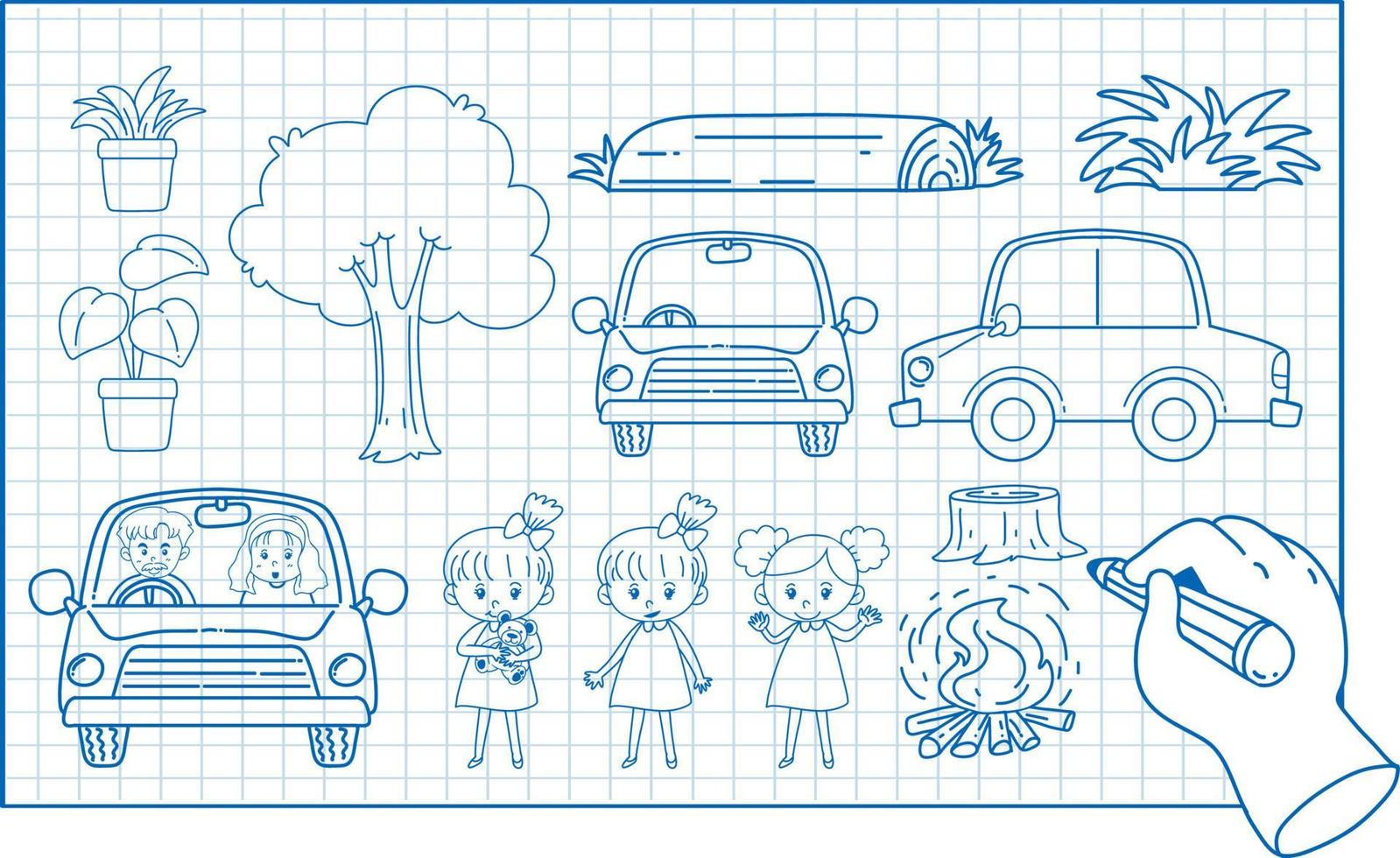 cartoon van kinderen en auto's schetsen vector
