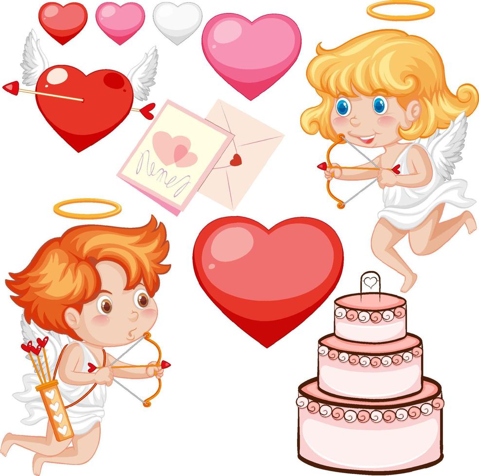 valentijnsthema met cupido's en grote taart vector