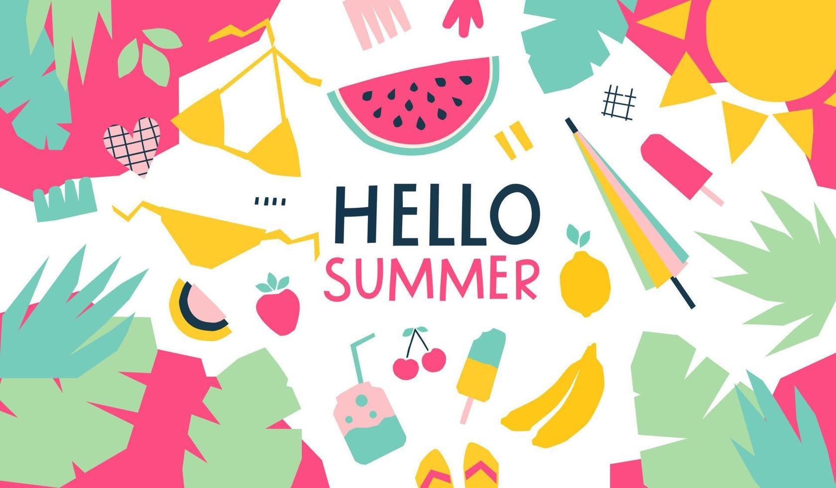 hallo zomer achtergrond. het concept van een vakantie met een zwempak en fruit. vectorbanner vector
