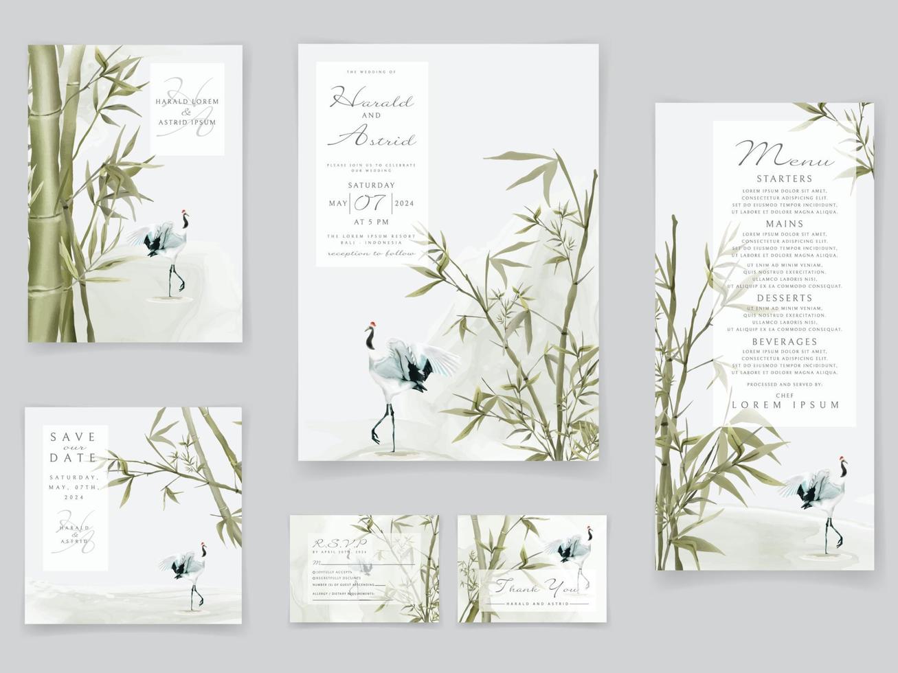 bruiloft uitnodigingskaarten set met elegante bamboe handgetekende vector