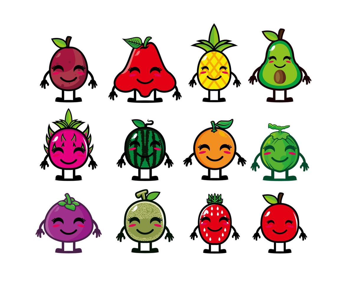 gelukkig schattig lachend fruit gezicht set. vector platte kawaii cartoon karakter illustratie collectie. schattig karakter fruit collectie emoji set concept