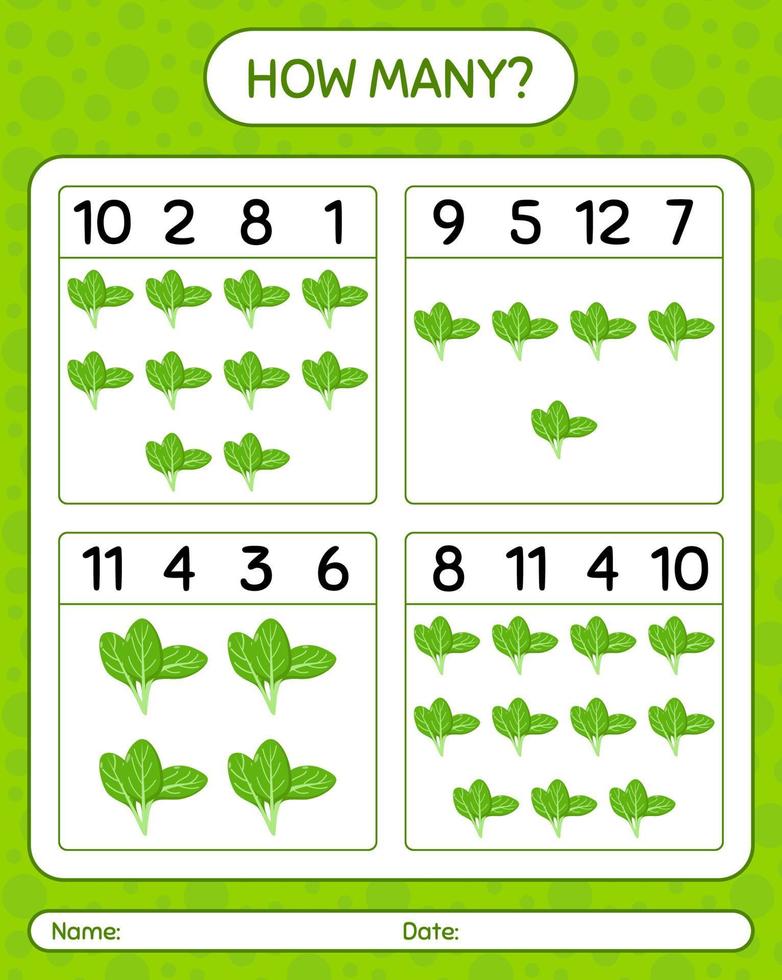hoeveel telspel met spinazie. werkblad voor kleuters, activiteitenblad voor kinderen, afdrukbaar werkblad vector