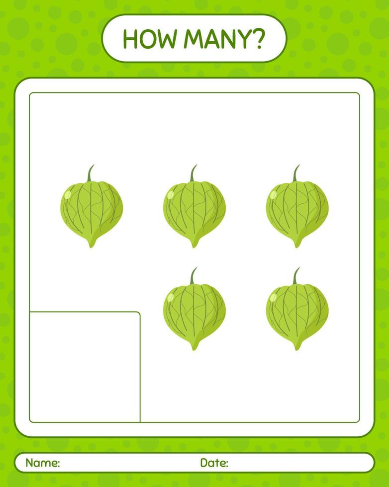 hoeveel tellen spel met tomatillo. werkblad voor kleuters, activiteitenblad voor kinderen, afdrukbaar werkblad vector