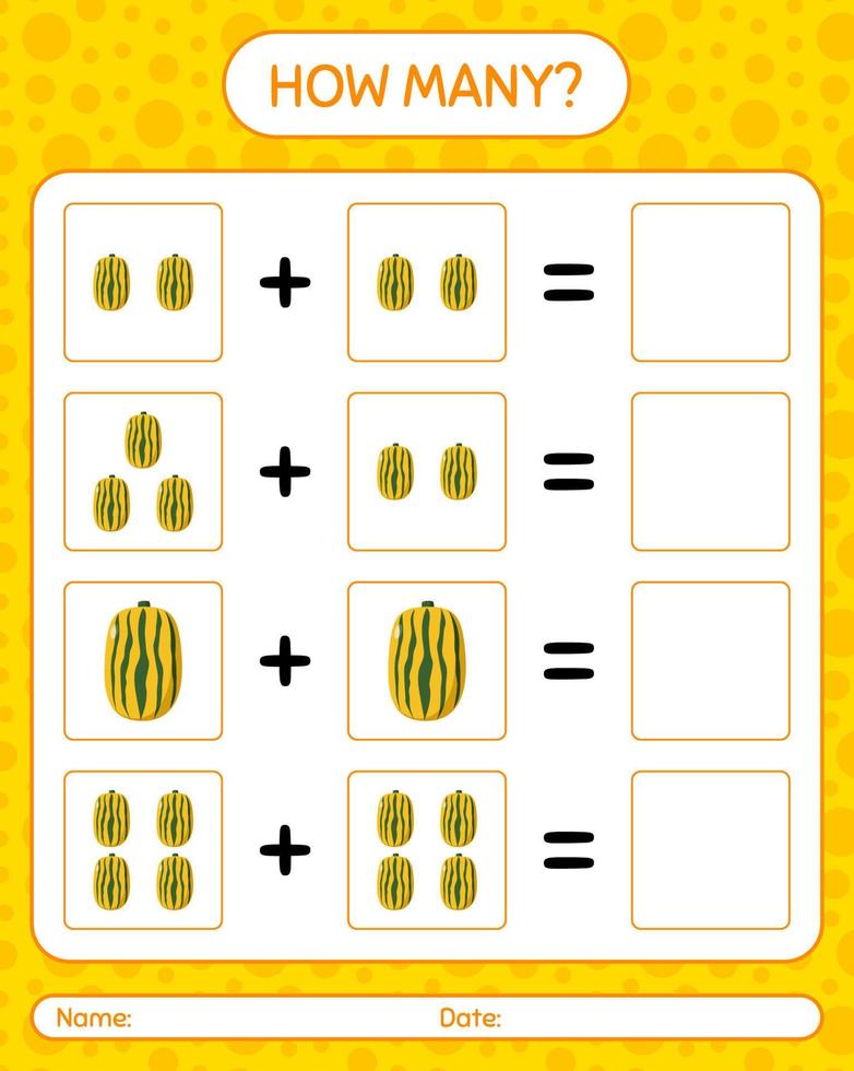 hoeveel tellen spel met delicata squash. werkblad voor kleuters, activiteitenblad voor kinderen, afdrukbaar werkblad vector