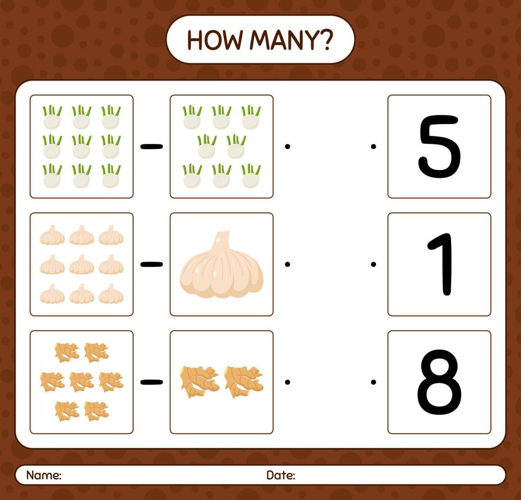 hoeveel telspel met groenten. werkblad voor kleuters, activiteitenblad voor kinderen, afdrukbaar werkblad vector
