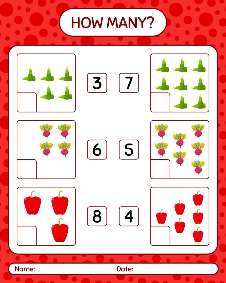 hoeveel telspel met groenten. werkblad voor kleuters, activiteitenblad voor kinderen, afdrukbaar werkblad vector