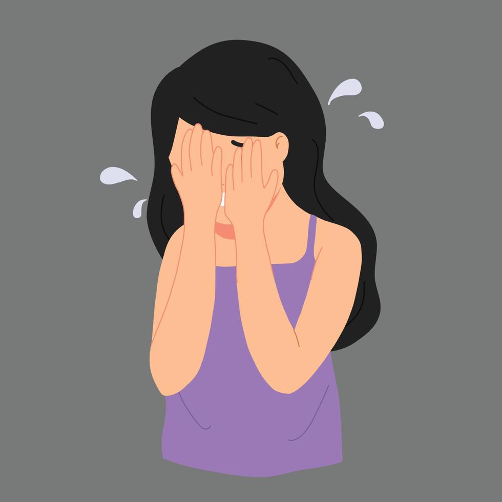 een meisje dat huilt en haar gezicht bedekt met beide handen illustratie vector