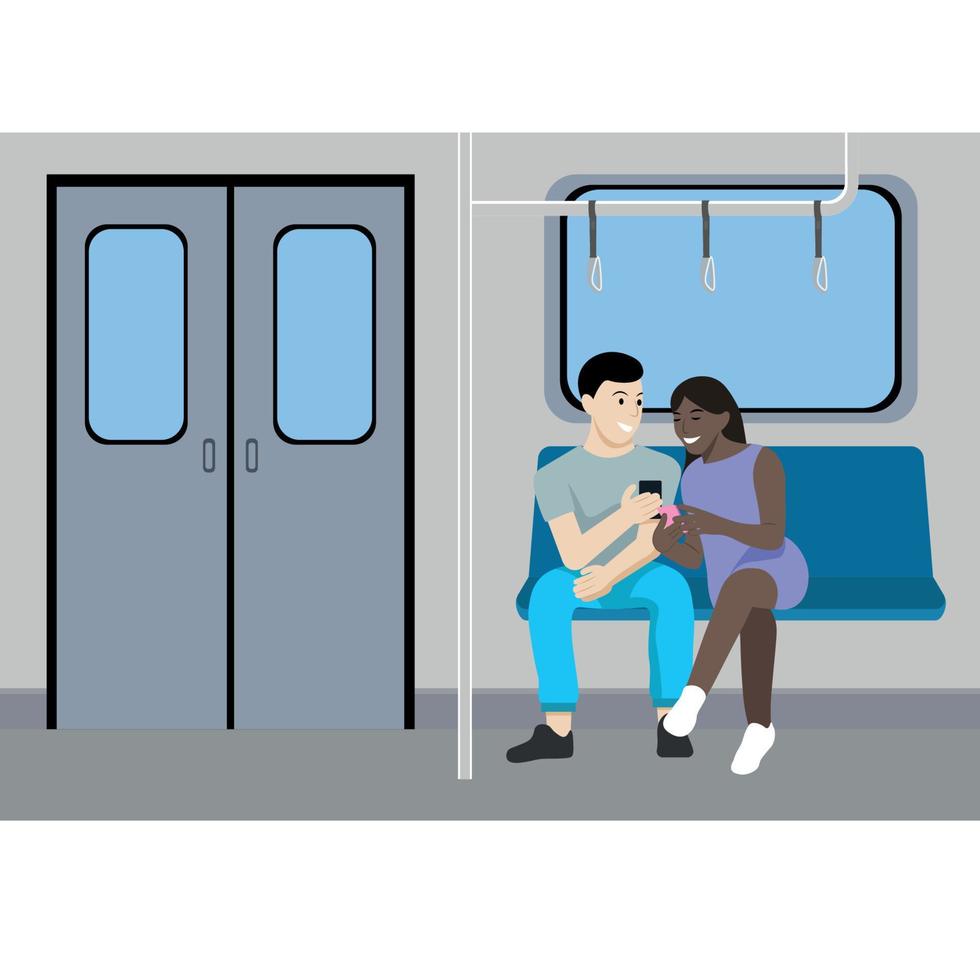 mensen met telefoons in hun handen in de metro, jongen en meisje, platte vector, mensen van verschillende nationaliteiten vector