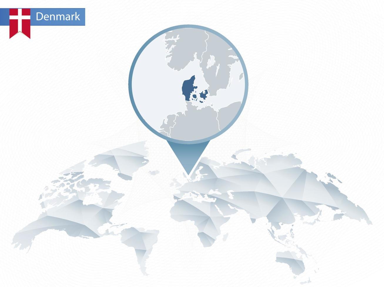 abstracte afgeronde wereldkaart met vastgezette gedetailleerde kaart van Denemarken. vector