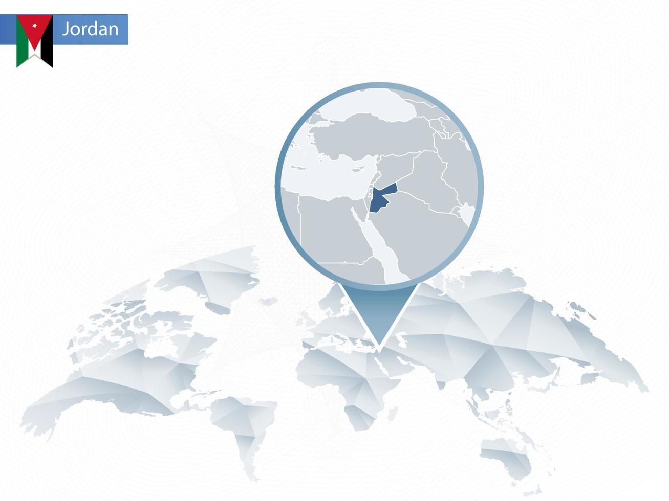 abstracte afgeronde wereldkaart met vastgezette gedetailleerde kaart van Jordanië. vector