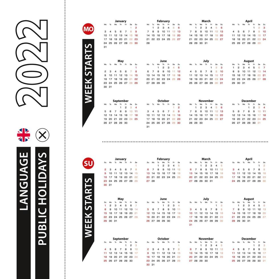 twee versies van de 2022-kalender in het Engels, de week begint op maandag en de week begint op zondag. vector