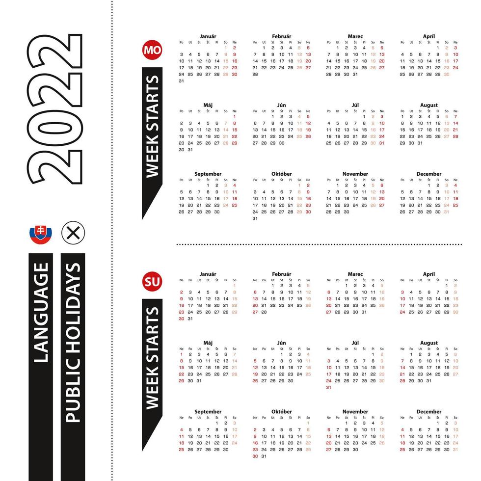 twee versies van de 2022-kalender in het slovaaks, week begint vanaf maandag en week begint vanaf zondag. vector