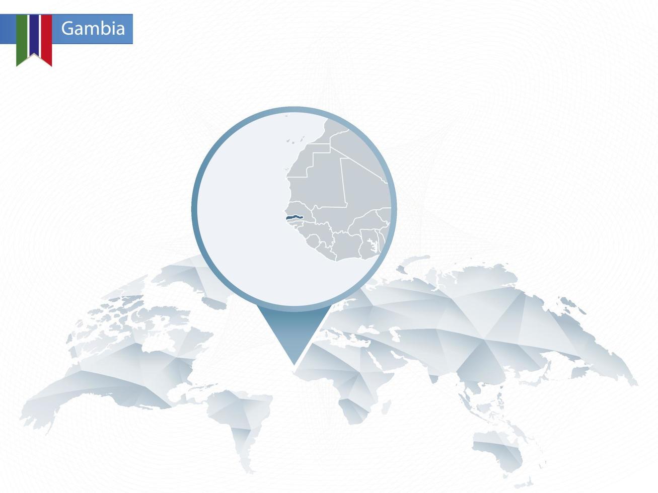 abstracte afgeronde wereldkaart met vastgezette gedetailleerde Gambia-kaart. vector