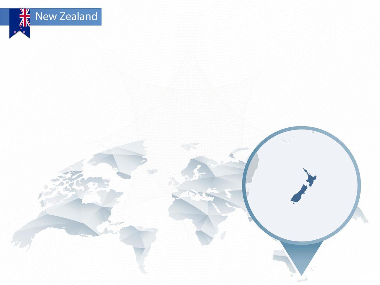 abstracte afgeronde wereldkaart met vastgezette gedetailleerde kaart van Nieuw-Zeeland. vector