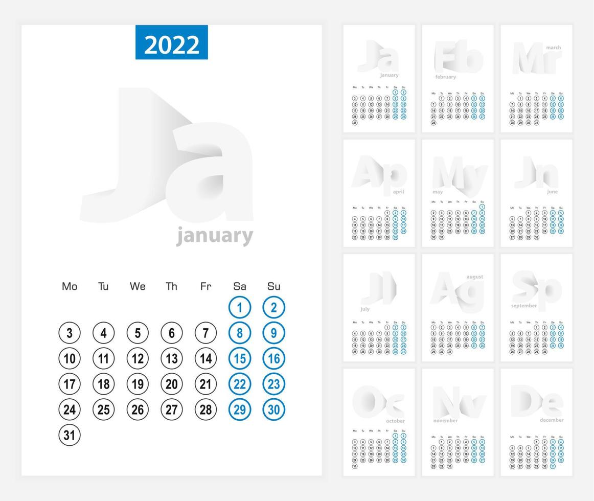 kalender 2022, blauw cirkelontwerp. engels taal, week begint op maandag. vector