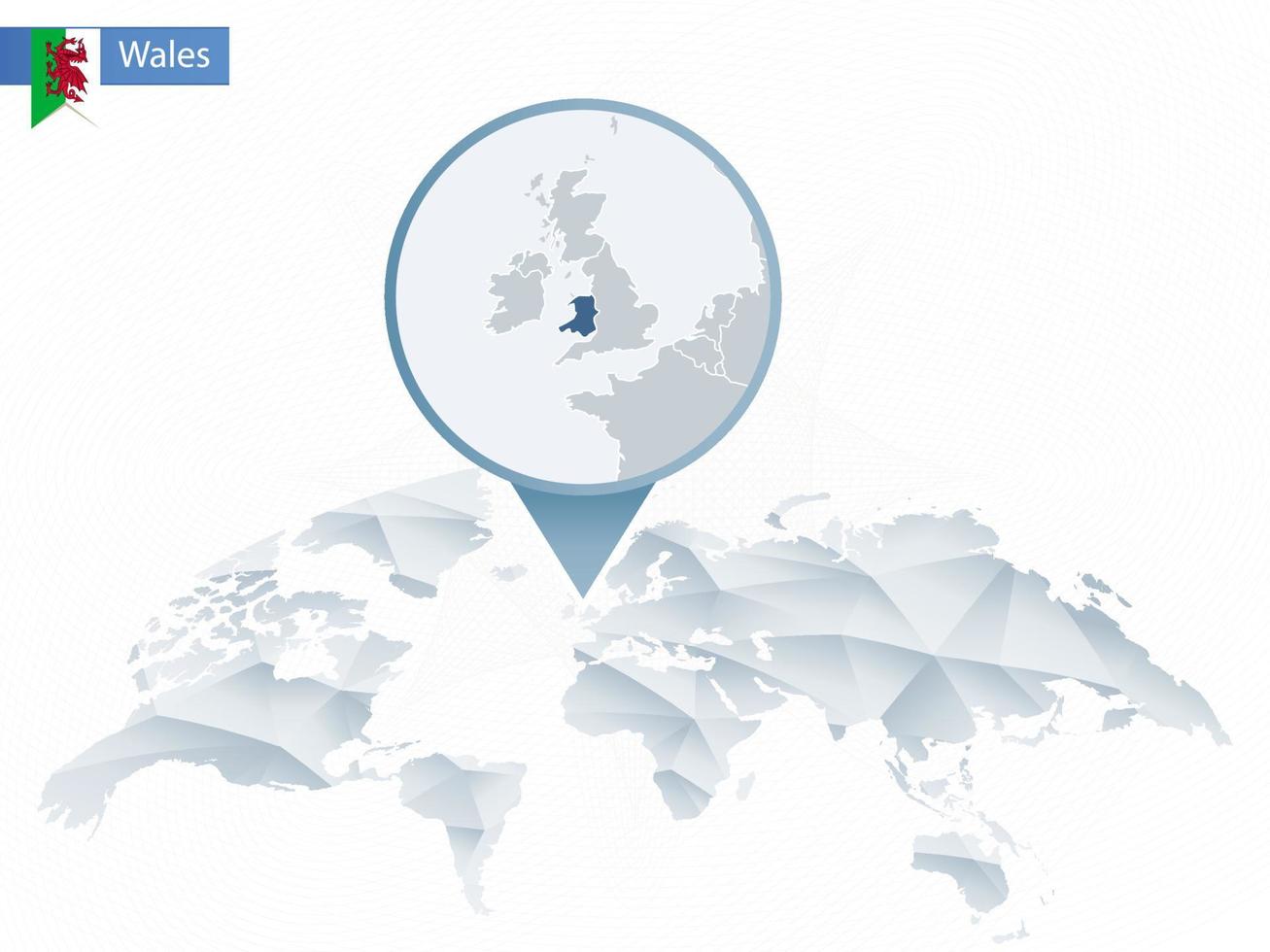 abstracte afgeronde wereldkaart met vastgezette gedetailleerde kaart van Wales. vector