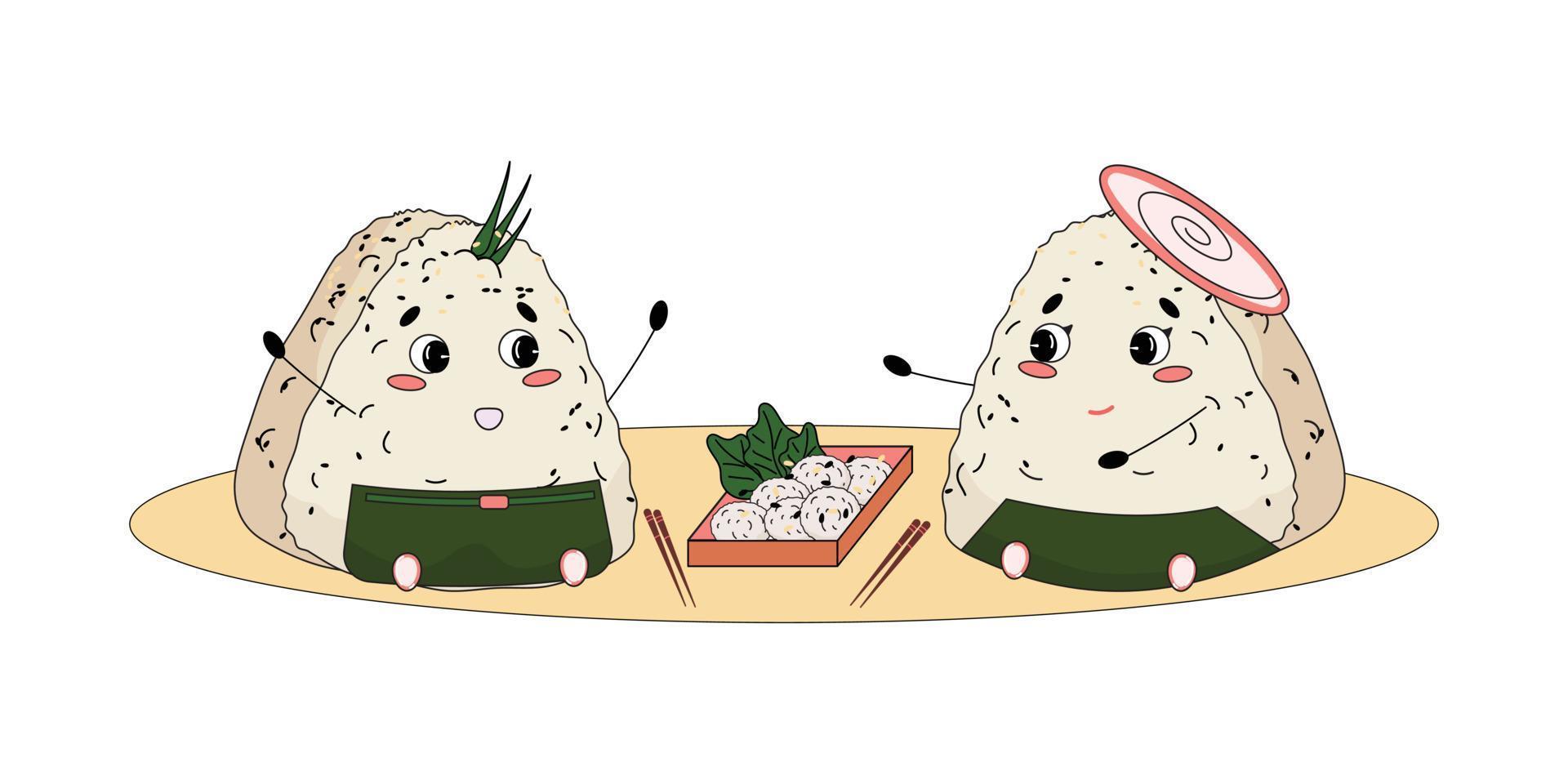 schattig onigiri-paar met een Japanse picknick en praten. driehoekige Japanse rijstbal omwikkeld met nori zeewier. Japanse manga-stijl. vectorillustratie. vector