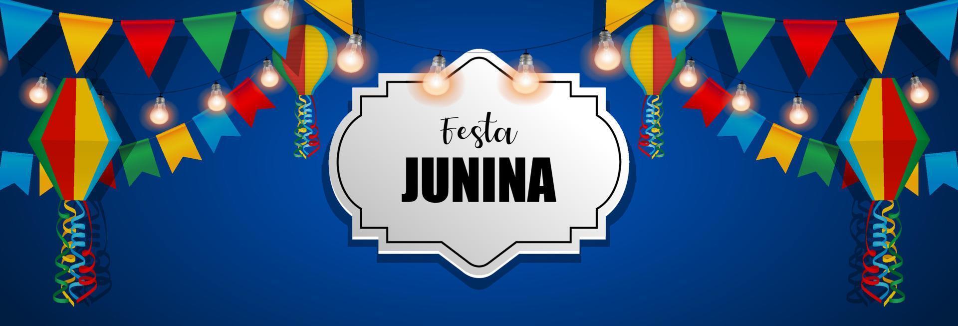 festa junina banner met kleurrijke wimpels en lantaarns. juni braziliaans festival benner vector