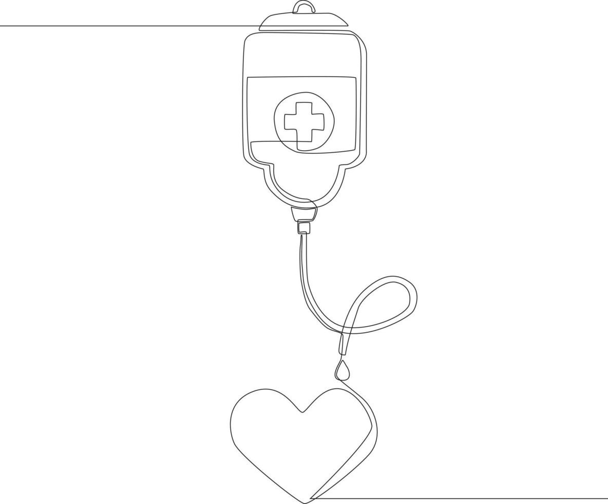 doorlopende lijn voor bloeddonatie met één lijn die de druppelaar en het hart verbindt. enkele lijn tekenen ontwerp vector grafische afbeelding.