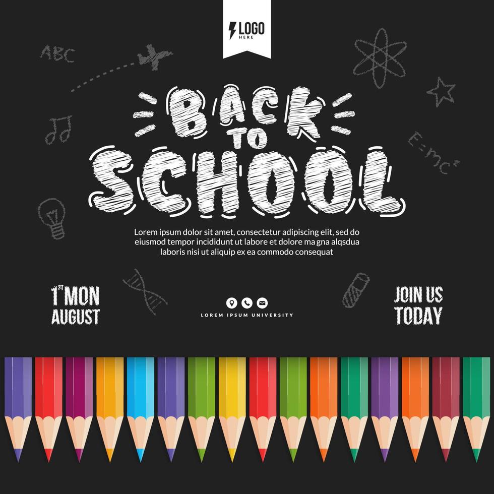 welkom terug op school achtergrond met kleurpotloden, concept van onderwijsbanner met terug naar school belettering ontwerp vector