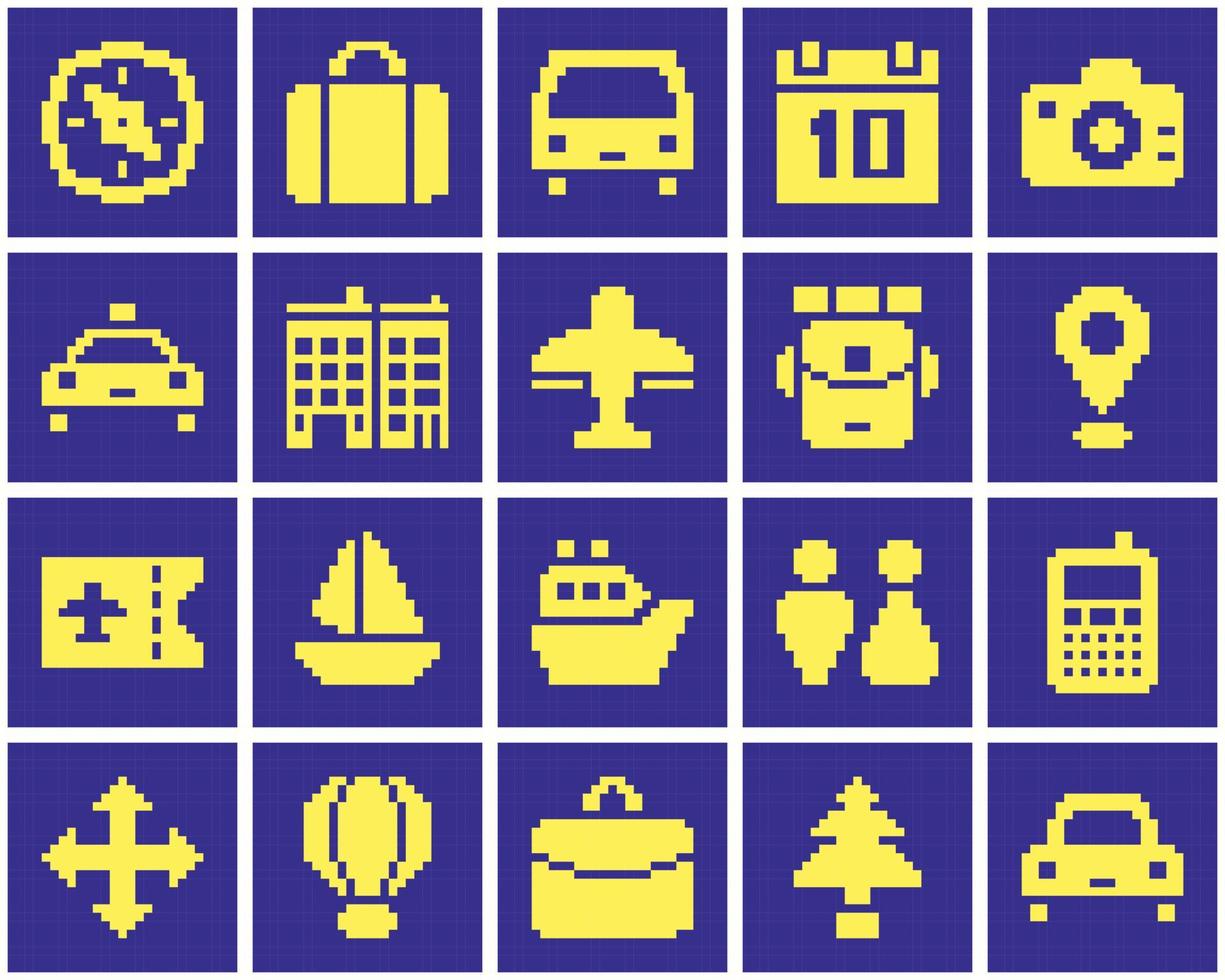 reispictogram 8 bit pixel kunststijl vector set