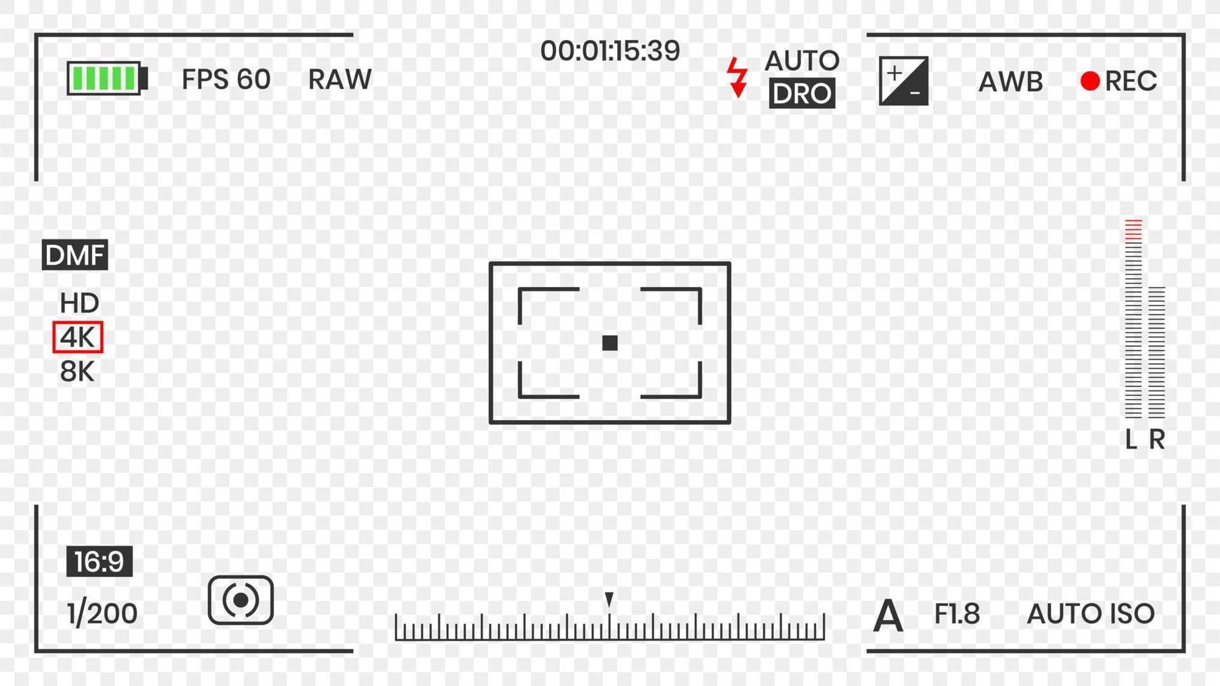 camera zoeker video of foto frame recorder vlakke stijl ontwerp vectorillustratie. digitale camerazoeker met belichtingsinstellingen en scherpstelrastersjabloon. vector